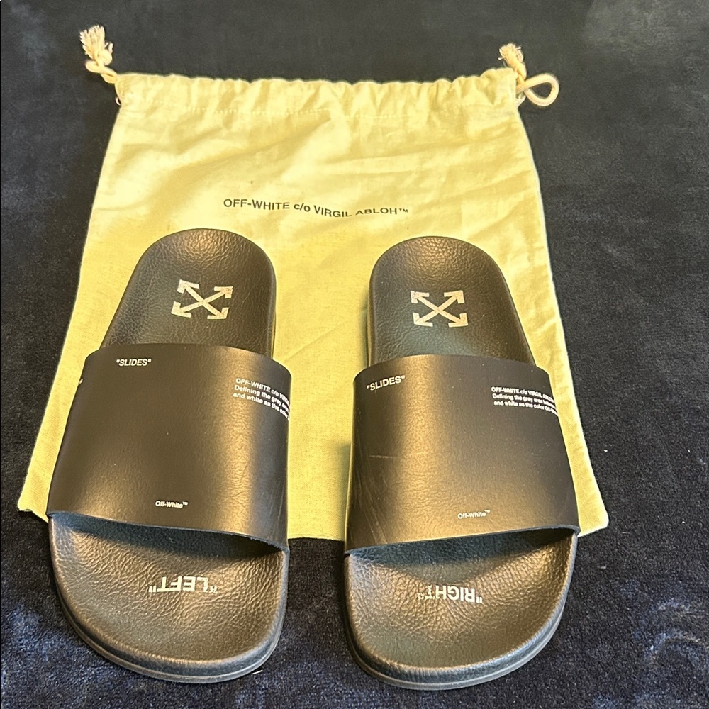 Off-White Black Slides with Iconic Logo and Dusty
